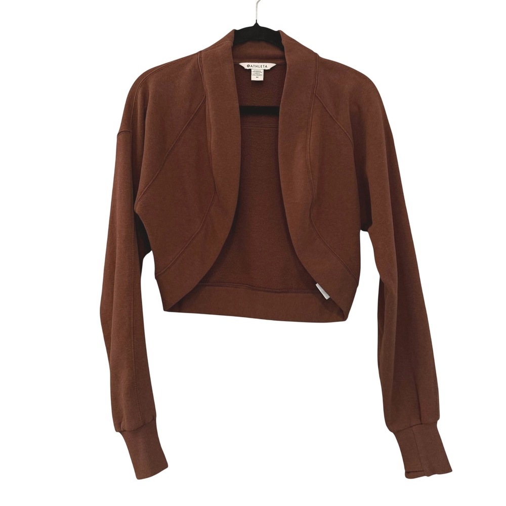 Athleta Retroplush Crop Cardigan Shrug M Brown Fleece Cozy Fall Layer Athleisure